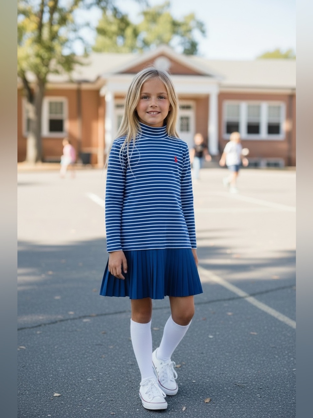 Ralph Lauren Girls Navy Striped Pleated Hem Dress – Long Sleeve 8-10